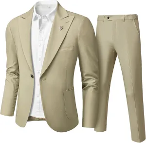 Hihawk Linen Suit for Men, 2 Pieces Casual Blazer and Pants, Summer Beach Wedding Suit Groomsmen Prom Tuxedo