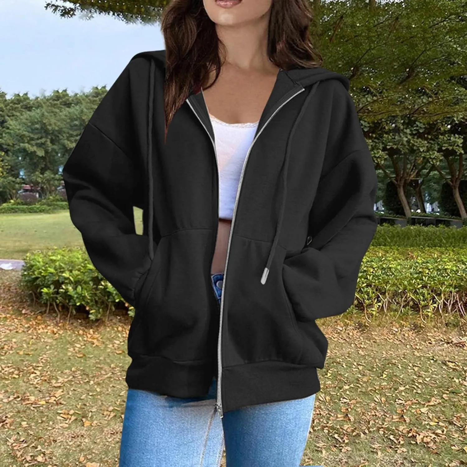 Hoodies for Women Casual Full Zip Up Plush Hoodie Loose Solid Sweatshirt Long Sleeve Jacket with Pockets