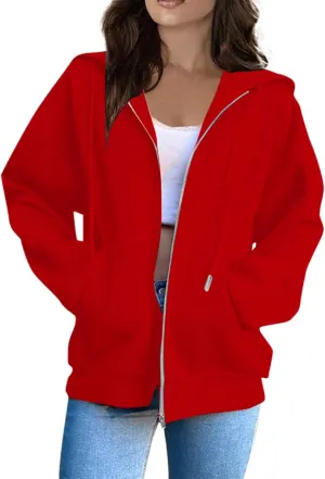 Hoodies for Women Casual Full Zip Up Plush Hoodie Loose Solid Sweatshirt Long Sleeve Jacket with Pockets