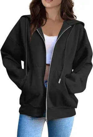 Hoodies for Women Casual Full Zip Up Plush Hoodie Loose Solid Sweatshirt Long Sleeve Jacket with Pockets