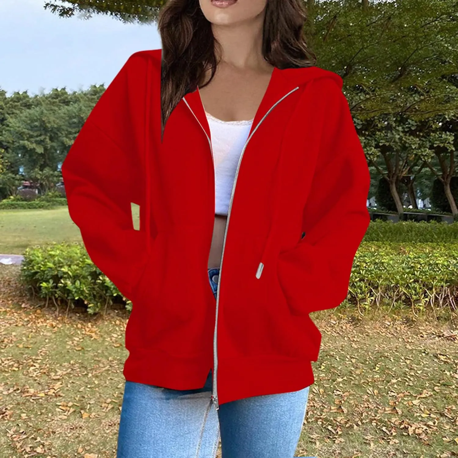 Hoodies for Women Casual Full Zip Up Plush Hoodie Loose Solid Sweatshirt Long Sleeve Jacket with Pockets