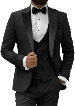 HUUTOE Men's 3 Piece Slim Fit Prom Suits Black Tuxedos for Men 2025 Double Breasted Suit Men Homecoming Wedding Suit Tux