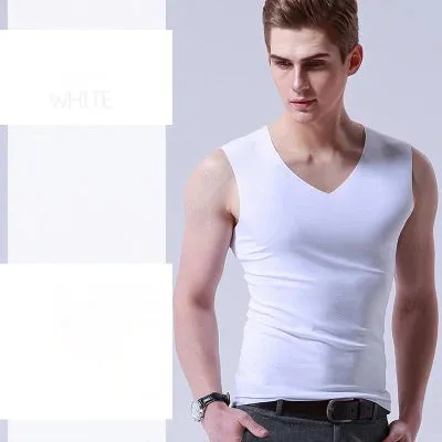 Ice Silk Mens Solid Tank Tops Sexy V Neck Sleeveless Vests Male No Trace Youth Elastic Fitness Casual Bodybuilding Suits