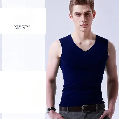 Ice Silk Mens Solid Tank Tops Sexy V Neck Sleeveless Vests Male No Trace Youth Elastic Fitness Casual Bodybuilding Suits