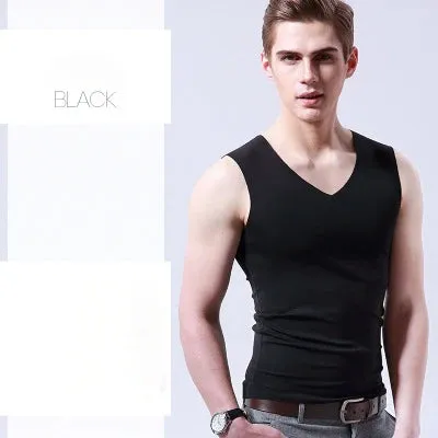Ice Silk Mens Solid Tank Tops Sexy V Neck Sleeveless Vests Male No Trace Youth Elastic Fitness Casual Bodybuilding Suits