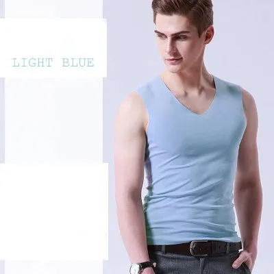 Ice Silk Mens Solid Tank Tops Sexy V Neck Sleeveless Vests Male No Trace Youth Elastic Fitness Casual Bodybuilding Suits
