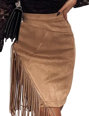 IDEALSANXUN Fringe Suede Skirt for Women High Waisted Tassel Short Mini Skirt