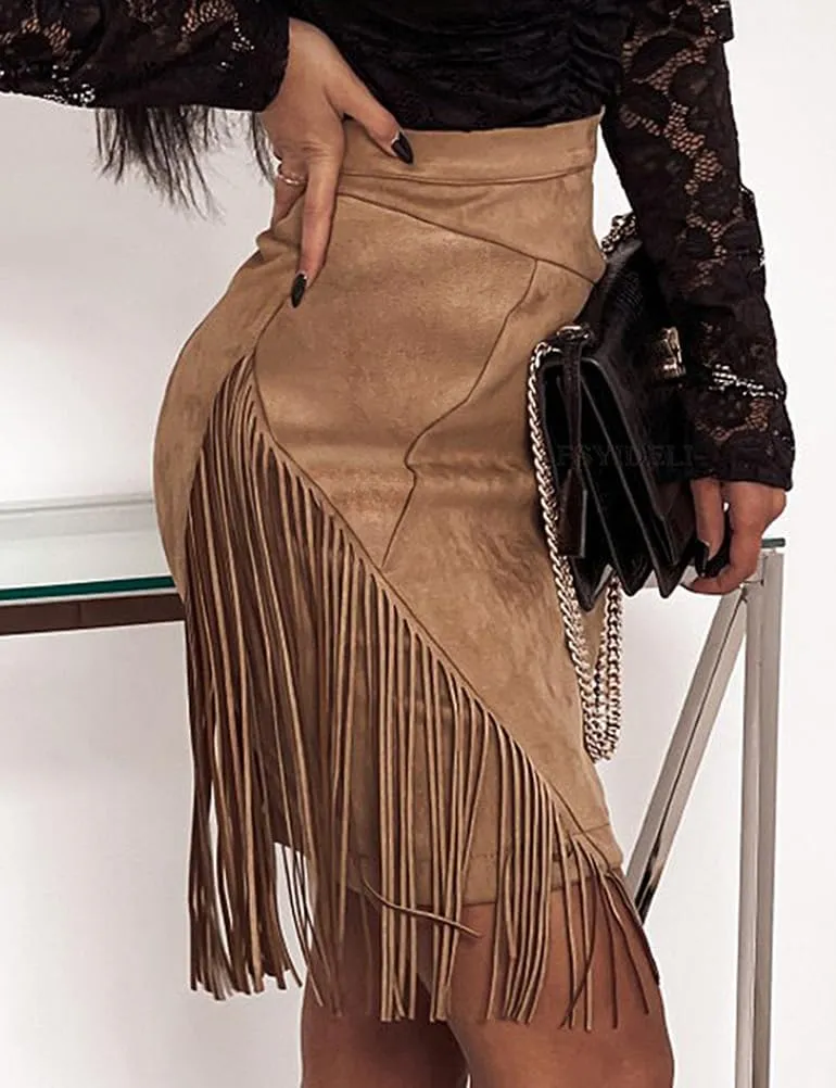IDEALSANXUN Fringe Suede Skirt for Women High Waisted Tassel Short Mini Skirt