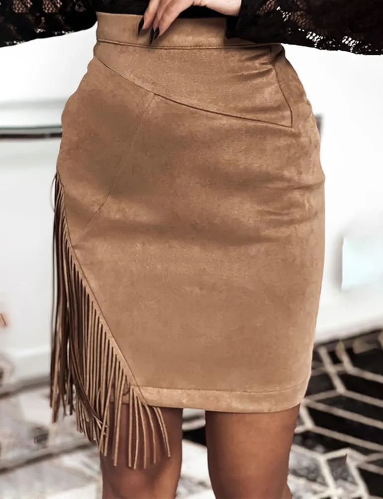 IDEALSANXUN Fringe Suede Skirt for Women High Waisted Tassel Short Mini Skirt