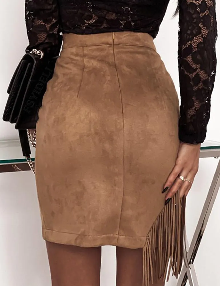 IDEALSANXUN Fringe Suede Skirt for Women High Waisted Tassel Short Mini Skirt