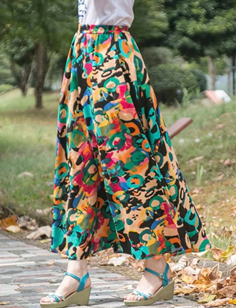 IDEALSANXUN Womens Cotton Linen High Waisted A Line Boho Floral Long Maxi Skirt