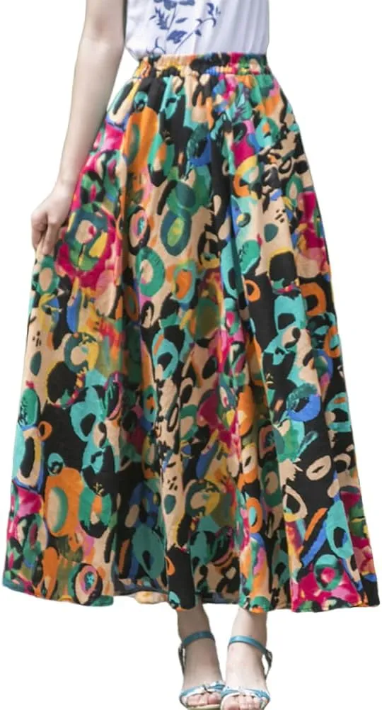 IDEALSANXUN Womens Cotton Linen High Waisted A Line Boho Floral Long Maxi Skirt