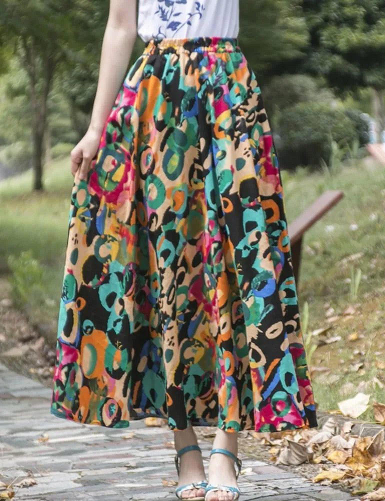 IDEALSANXUN Womens Cotton Linen High Waisted A Line Boho Floral Long Maxi Skirt