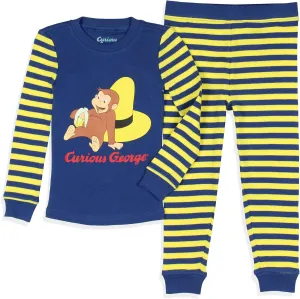 INTIMO Curious George Toddler Boys' Tight Fit Character Banana Striped Sleep Pajama Set Long Sleeves Pants