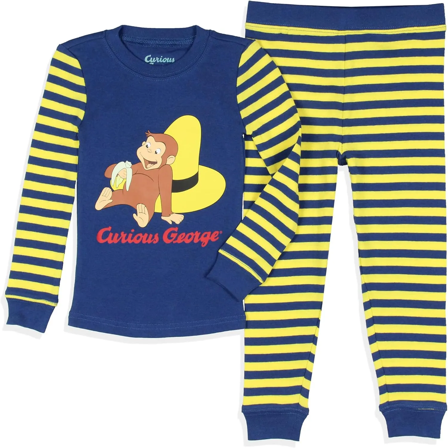 INTIMO Curious George Toddler Boys' Tight Fit Character Banana Striped Sleep Pajama Set Long Sleeves Pants