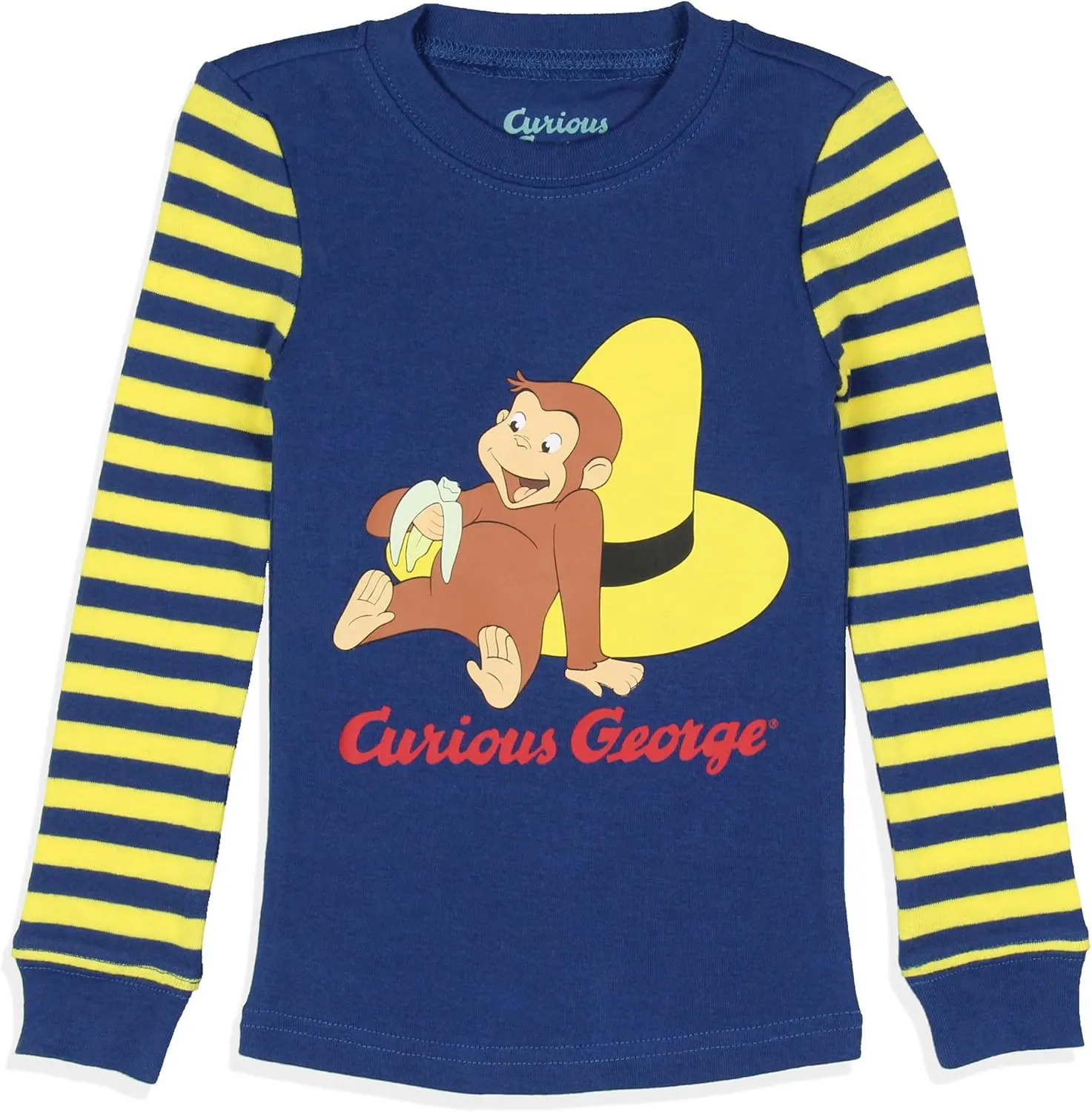 INTIMO Curious George Toddler Boys' Tight Fit Character Banana Striped Sleep Pajama Set Long Sleeves Pants