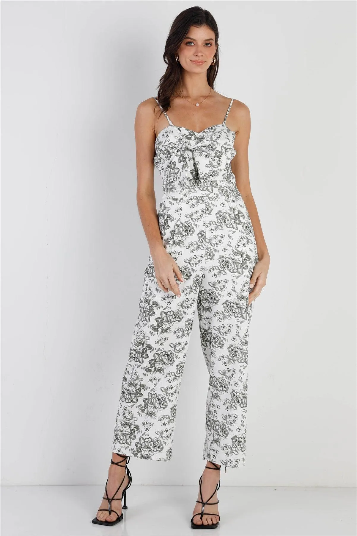 Ivory Floral Print Front Twist Detail Sleeveless Jumpsuit /1-1-2-1