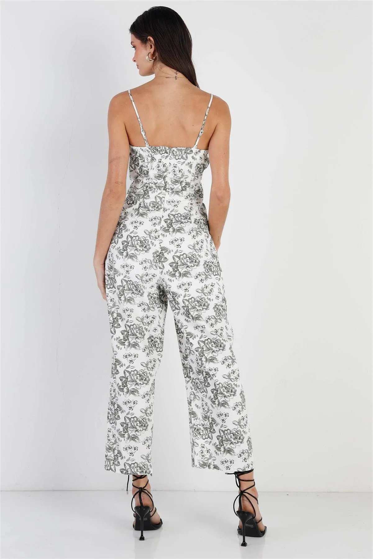 Ivory Floral Print Front Twist Detail Sleeveless Jumpsuit /1-1-2-1