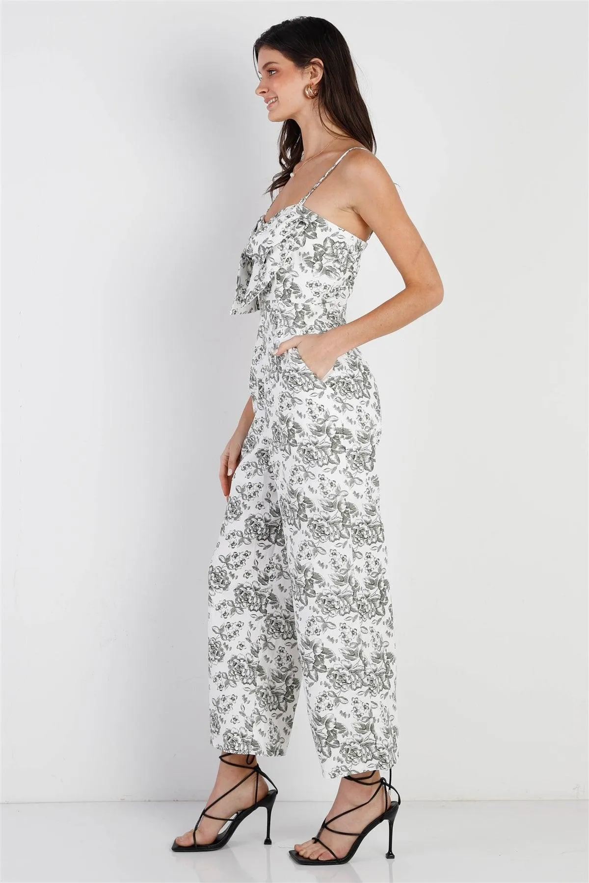 Ivory Floral Print Front Twist Detail Sleeveless Jumpsuit /1-1-2-1