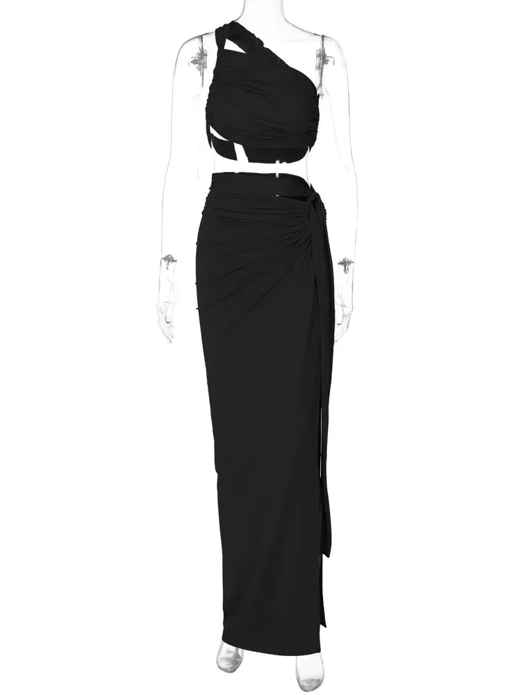 Joskaa Elegant Solid 2 Piece Sets Women Outfit Sexy Pleated Vests and Bandage Split Maxi Skirt Matching 2024 Vacation Beachwear