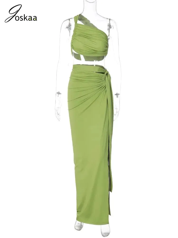 Joskaa Elegant Solid 2 Piece Sets Women Outfit Sexy Pleated Vests and Bandage Split Maxi Skirt Matching 2024 Vacation Beachwear