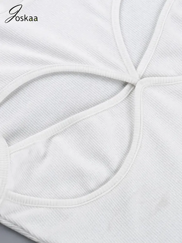 Joskaa Solid Hollow Out All Matched Vests Women Sexy O-Neck Sleeveless Slim Crop Tank Tops 2024 Summer Fashion Tees Streetwear
