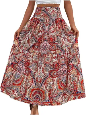 Ladies Boho Maxi Skirt Flowy Floral Pleated Skirts Summer Beach Long Skirt High Waisted Mexico Vacation Clothes for Women
