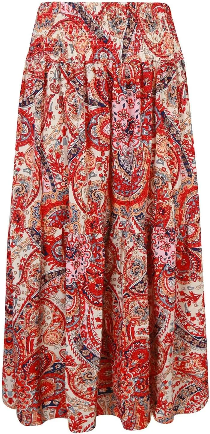 Ladies Boho Maxi Skirt Flowy Floral Pleated Skirts Summer Beach Long Skirt High Waisted Mexico Vacation Clothes for Women