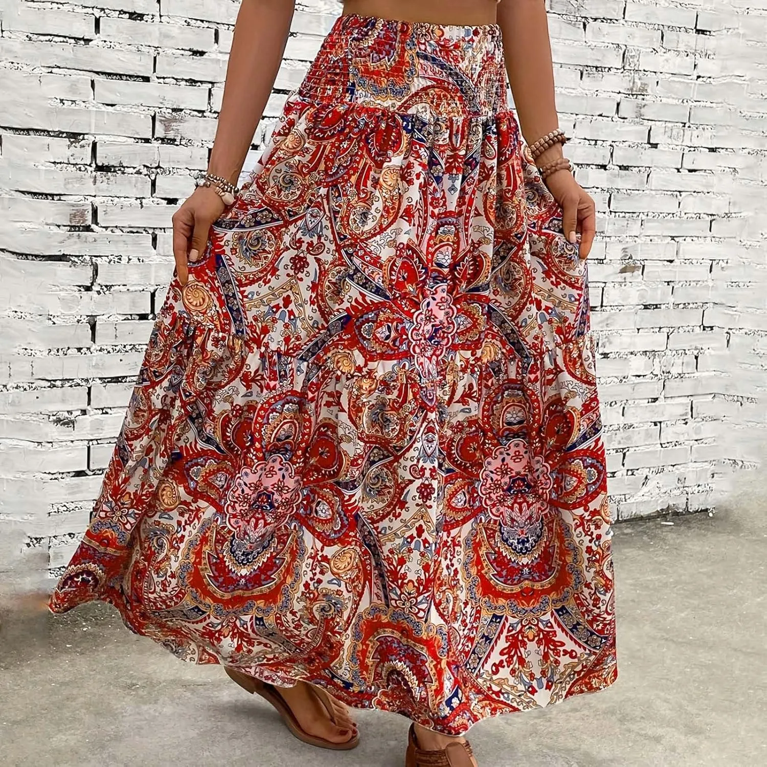 Ladies Boho Maxi Skirt Flowy Floral Pleated Skirts Summer Beach Long Skirt High Waisted Mexico Vacation Clothes for Women