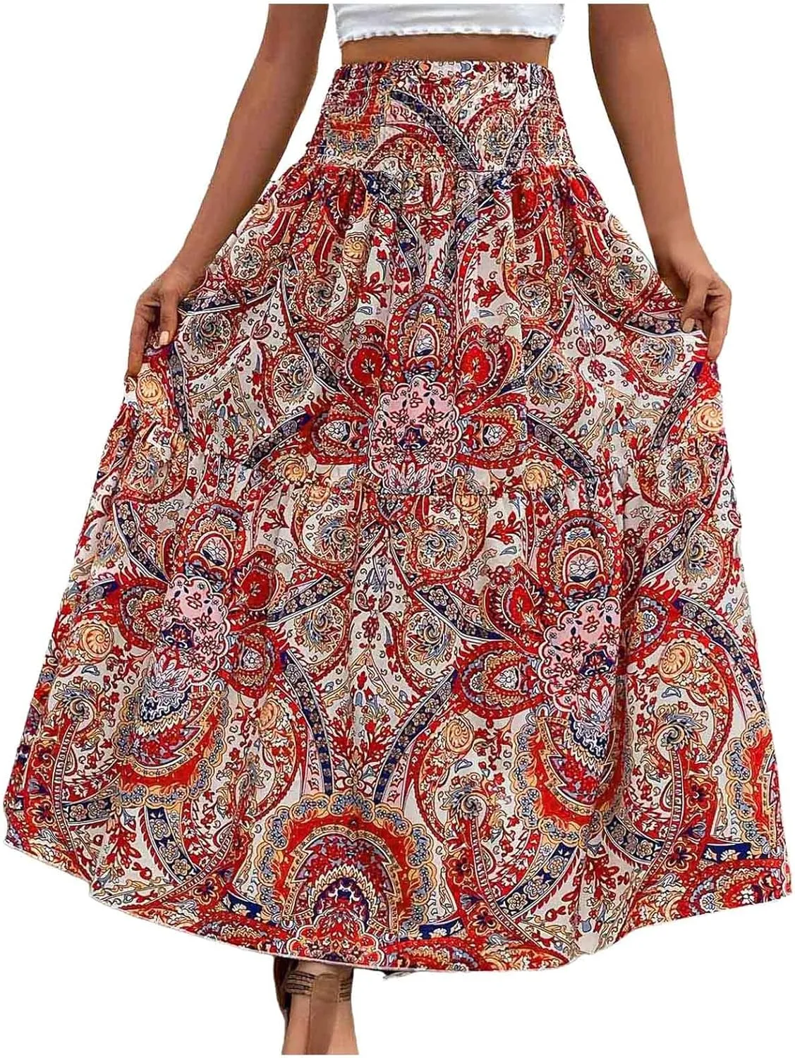 Ladies Boho Maxi Skirt Flowy Floral Pleated Skirts Summer Beach Long Skirt High Waisted Mexico Vacation Clothes for Women