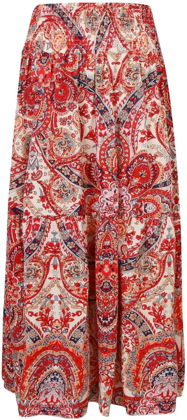 Ladies Boho Maxi Skirt Flowy Floral Pleated Skirts Summer Beach Long Skirt High Waisted Mexico Vacation Clothes for Women