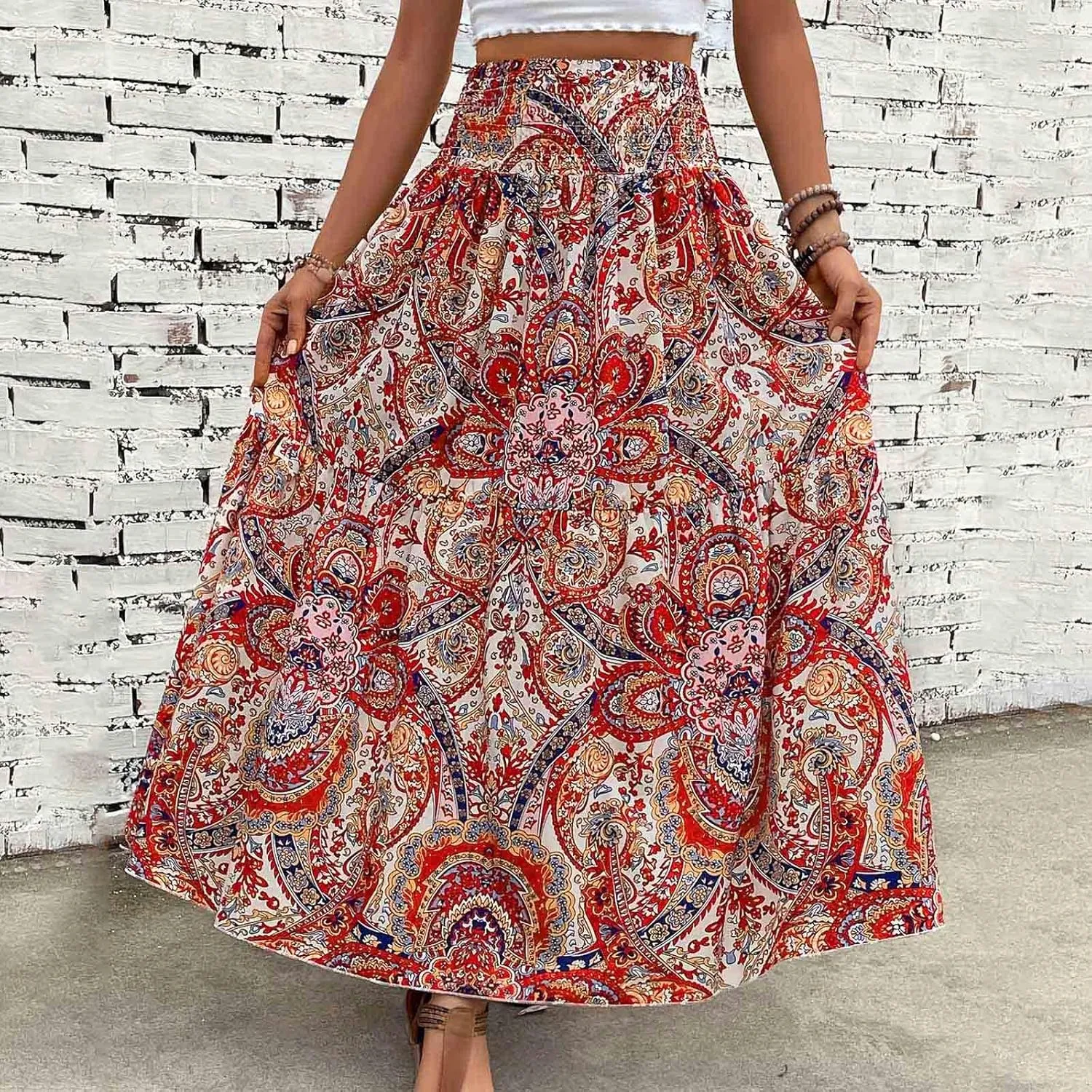 Ladies Boho Maxi Skirt Flowy Floral Pleated Skirts Summer Beach Long Skirt High Waisted Mexico Vacation Clothes for Women