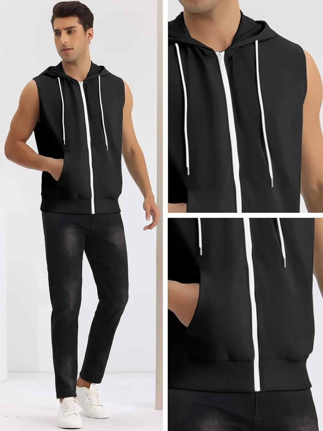 Lars Amadeus Sleeveless Hoodie for Men's Zipper Drawstring Hooded Sweatshirt Vest