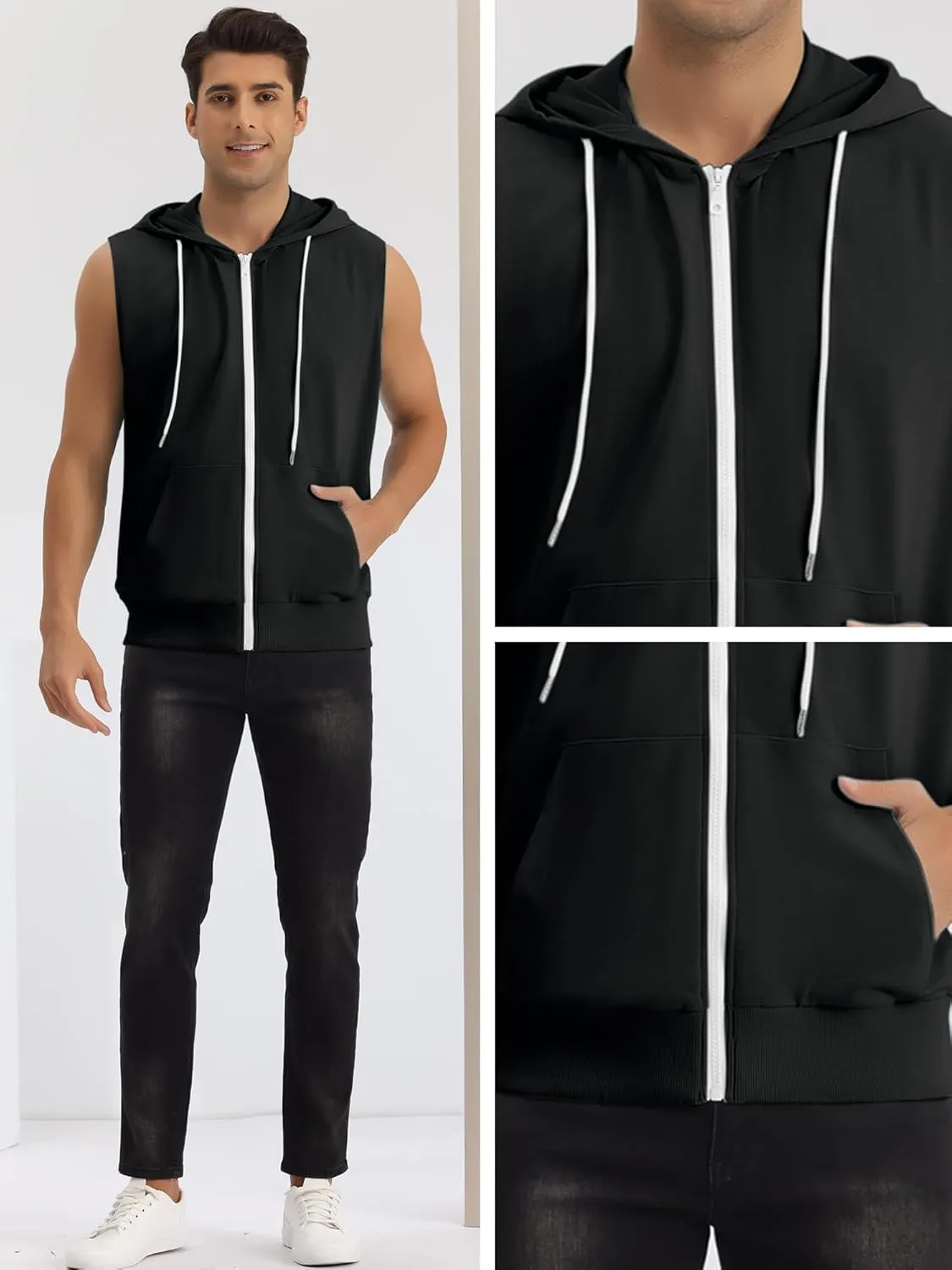 Lars Amadeus Sleeveless Hoodie for Men's Zipper Drawstring Hooded Sweatshirt Vest