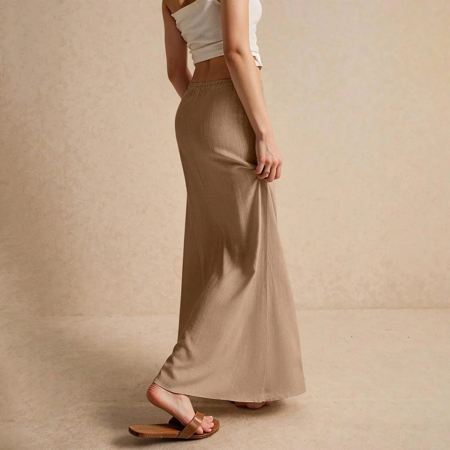 Linen Maxi Skirts for Women Trendy Summer Comfy Drawstring Waist A Line Dresses Cute Vacation Boho Long Flowy Skirts