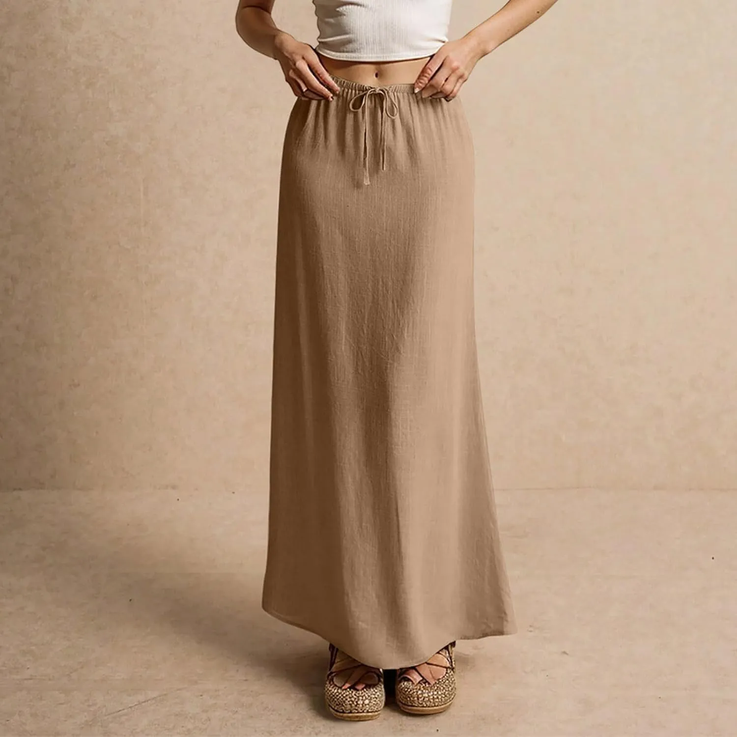 Linen Maxi Skirts for Women Trendy Summer Comfy Drawstring Waist A Line Dresses Cute Vacation Boho Long Flowy Skirts