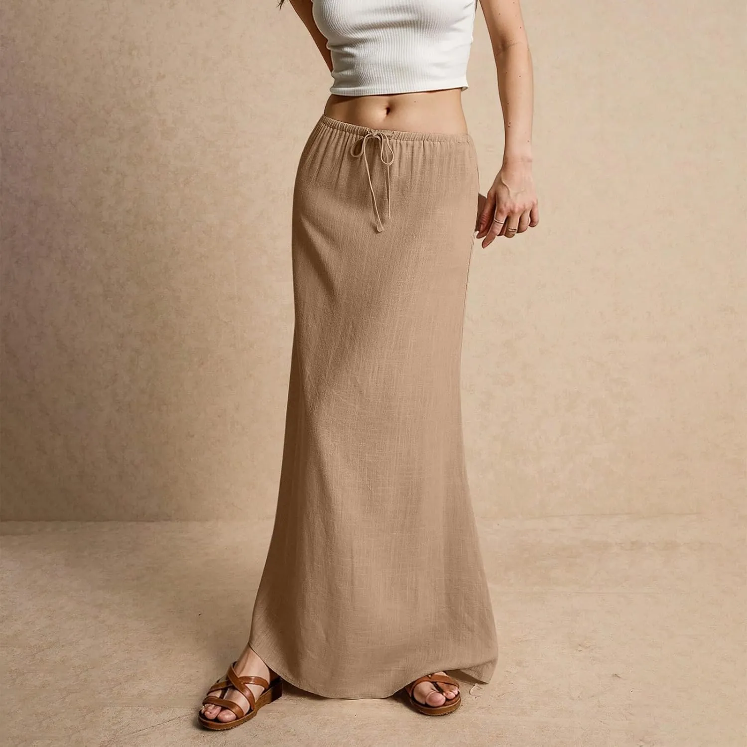 Linen Maxi Skirts for Women Trendy Summer Comfy Drawstring Waist A Line Dresses Cute Vacation Boho Long Flowy Skirts