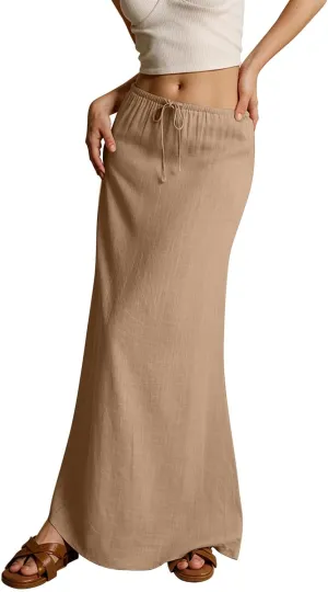 Linen Maxi Skirts for Women Trendy Summer Comfy Drawstring Waist A Line Dresses Cute Vacation Boho Long Flowy Skirts