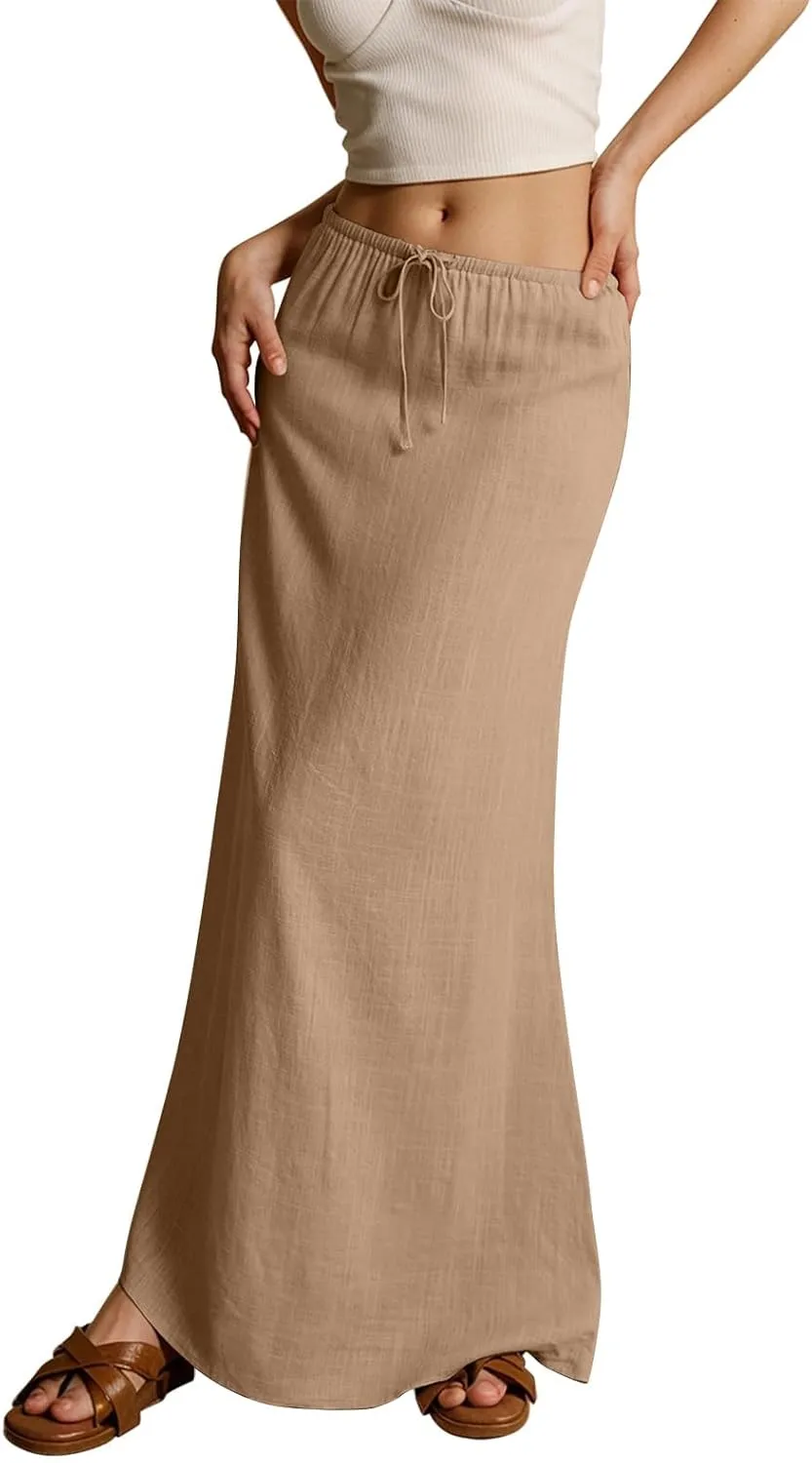 Linen Maxi Skirts for Women Trendy Summer Comfy Drawstring Waist A Line Dresses Cute Vacation Boho Long Flowy Skirts