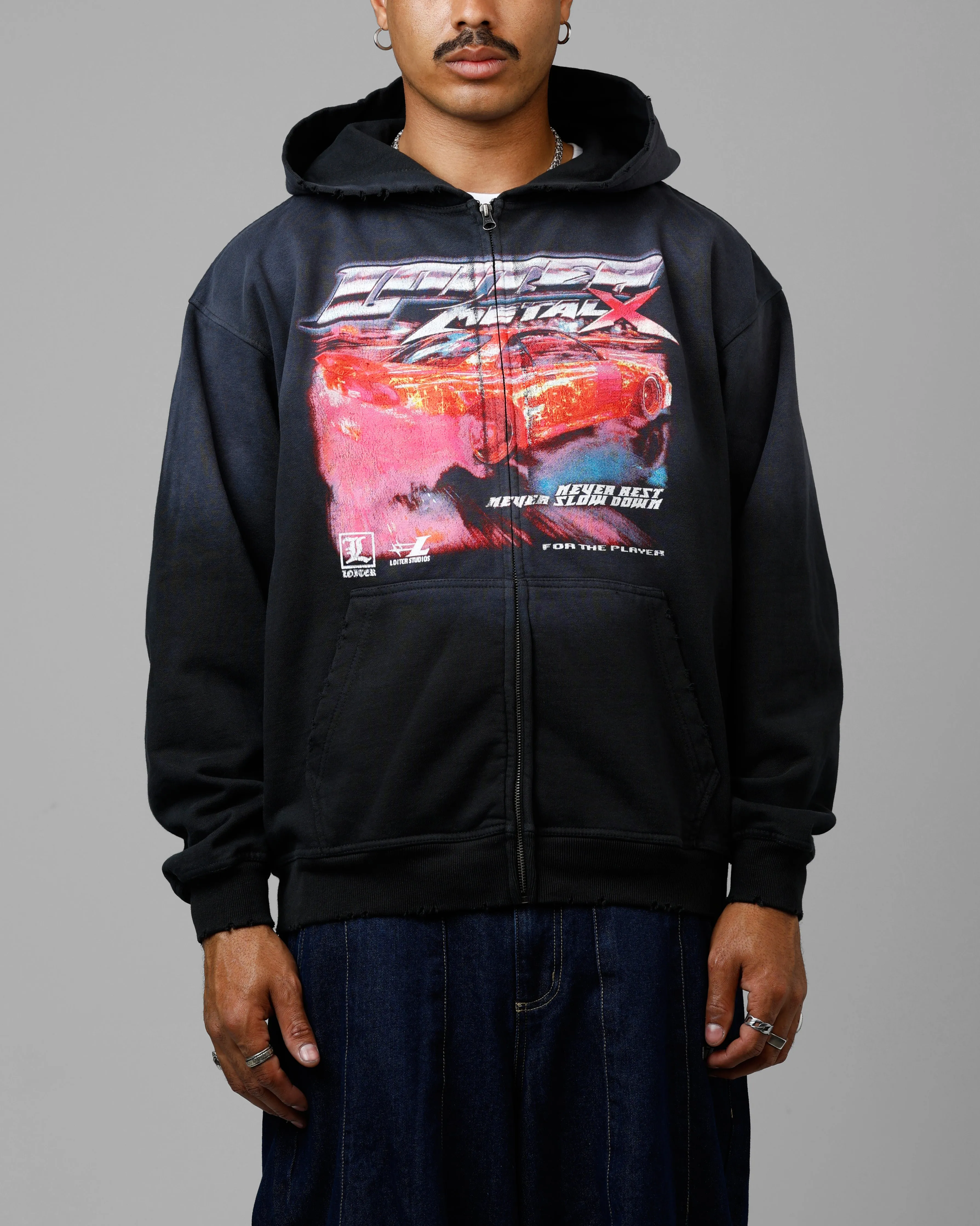 Loiter Speed Vintage Zip Up Hoodie Washed Black