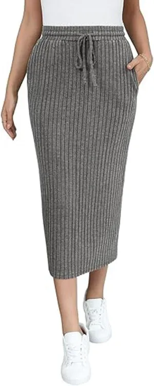 Long Midi Skirts for Women Dressy Casual Drawstring Elastic High Waisted Ribbed Knit Sweater Skirt with Pockets
