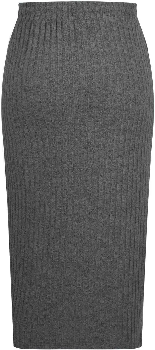Long Midi Skirts for Women Dressy Casual Drawstring Elastic High Waisted Ribbed Knit Sweater Skirt with Pockets