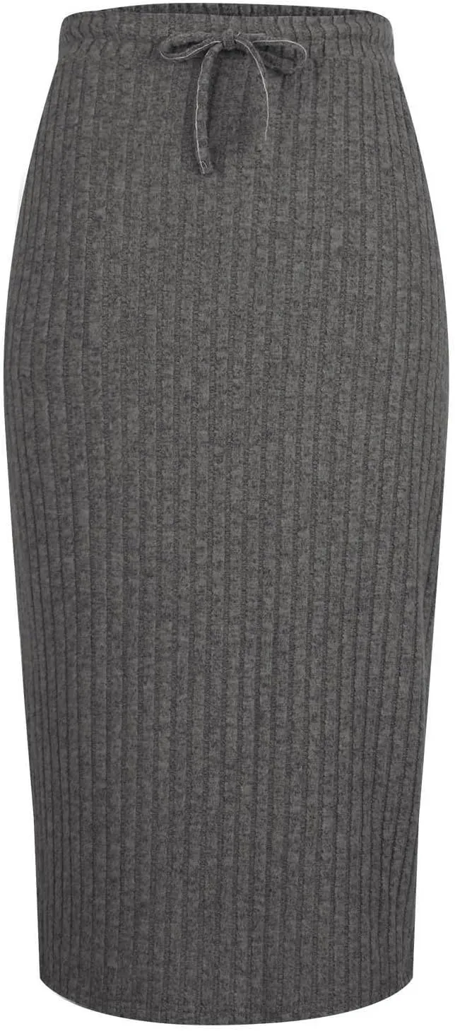 Long Midi Skirts for Women Dressy Casual Drawstring Elastic High Waisted Ribbed Knit Sweater Skirt with Pockets