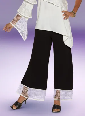 Love The Queen 17375P - Black White - Mesh Trim Chiffon Pants