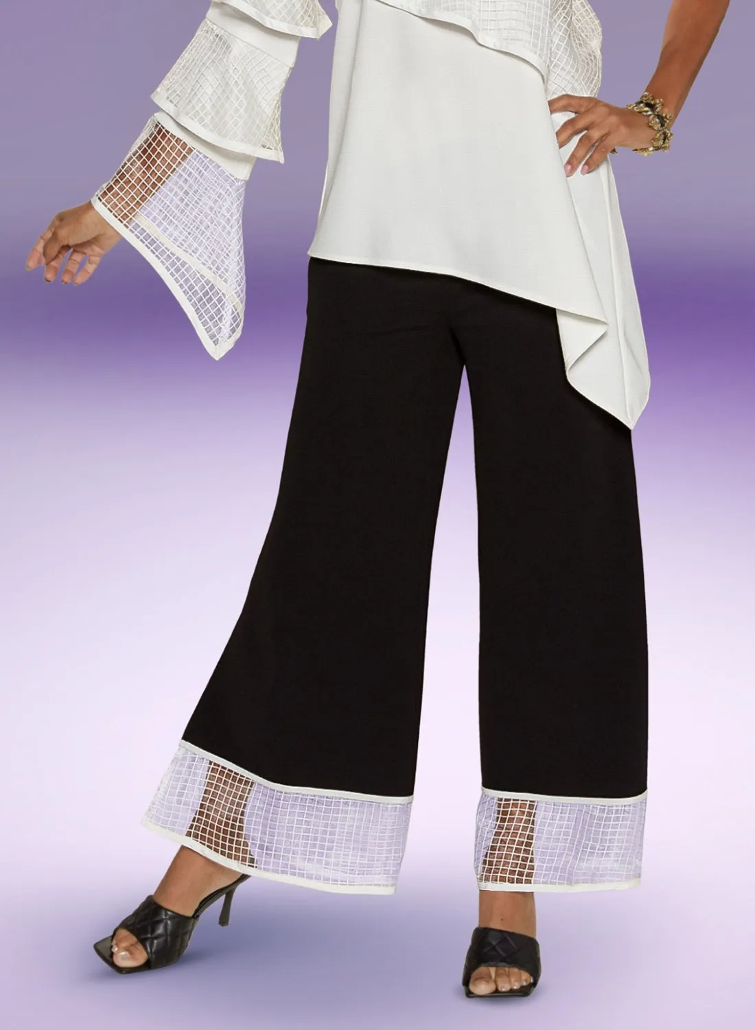 Love The Queen 17375P - Black White - Mesh Trim Chiffon Pants