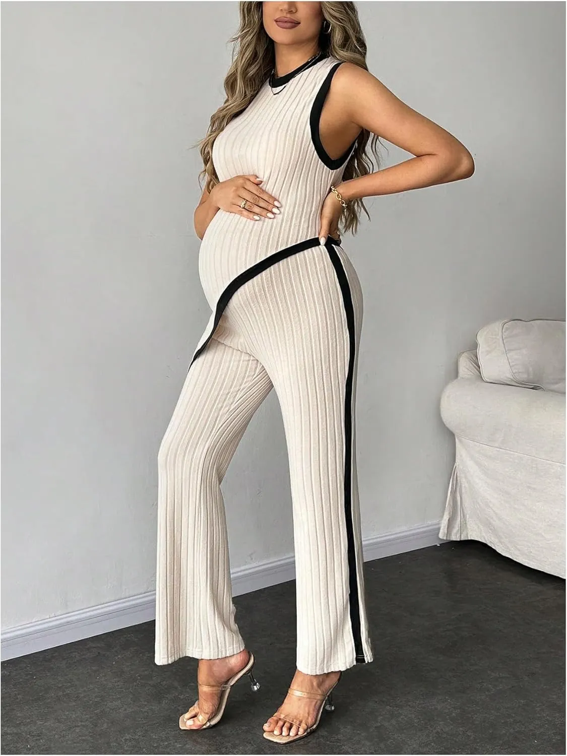 MakeMeChic Women's Maternity Lounge Set 2 Piece Outfit Sleeveless Pajama Sets Tank Top and Pants Set