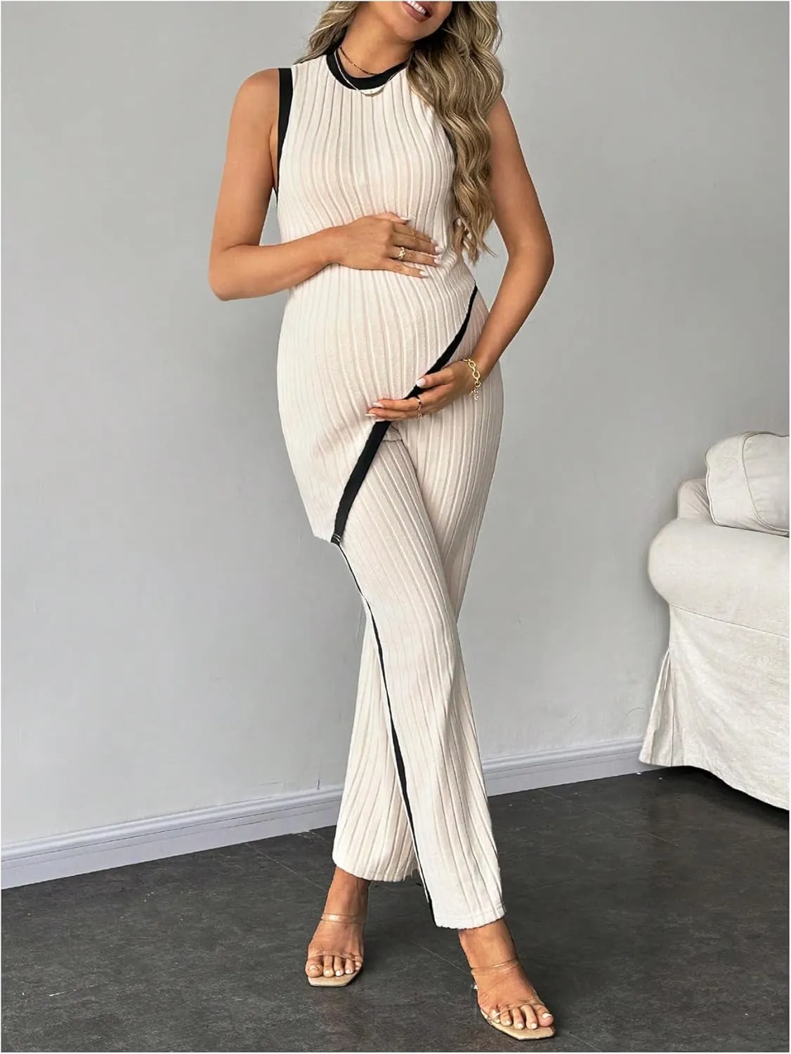 MakeMeChic Women's Maternity Lounge Set 2 Piece Outfit Sleeveless Pajama Sets Tank Top and Pants Set