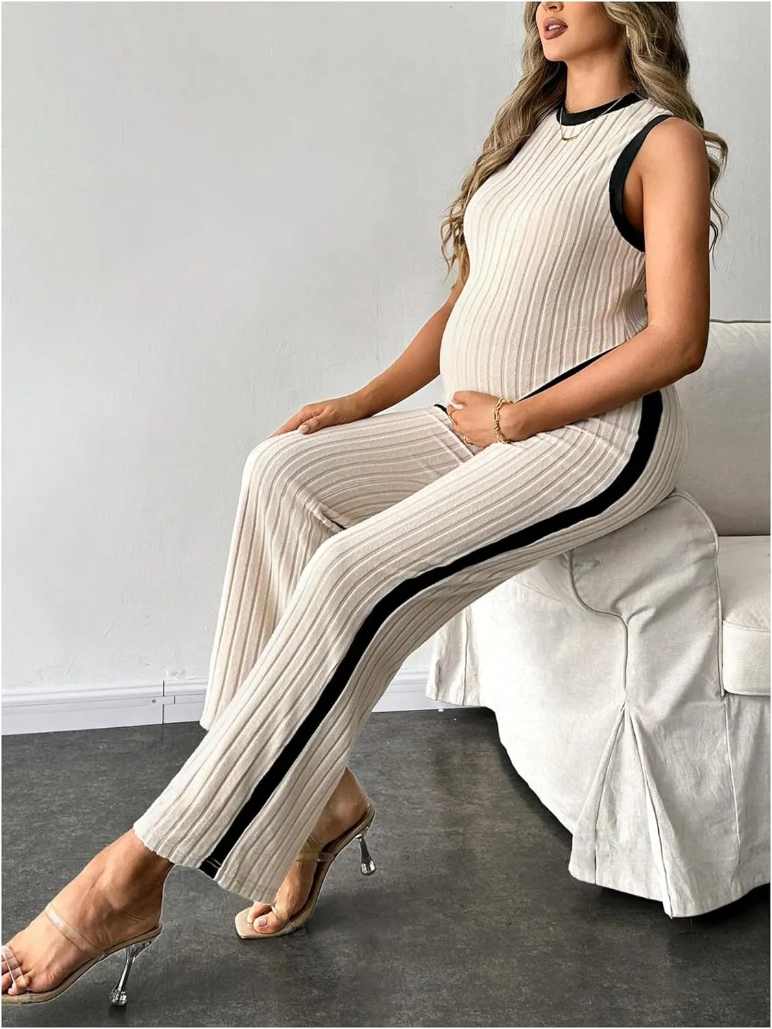 MakeMeChic Women's Maternity Lounge Set 2 Piece Outfit Sleeveless Pajama Sets Tank Top and Pants Set