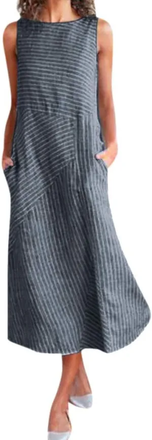 Maxi Dress for Women,2024 Summer Trendy Plain Plus Size Cotton Linen Dress,Casual Crewneck Sleeveless Flowy Sundress
