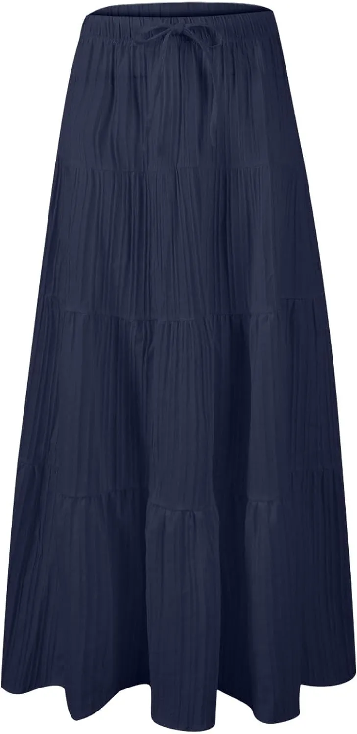 Maxi Skirts for Women Trendy Tiered A-Line Long Skirt Drawstring Elastic Waist Pleated Boho Casual Loose Clothes 2025